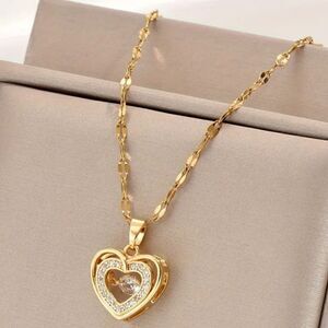 Double-layer three-dimensional gold heart love shspe stainless steel necklace